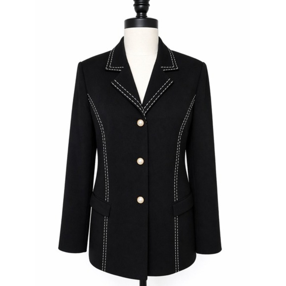 ANNE WEYBURN Blazer Women 10 Black RN88842 Contrast Stitch‎ Pearl Button Jacket